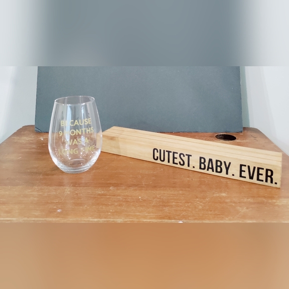Tate+Zoey Other - Bundle Of Stemless Wine Glass & Wooden Baby Photo Frame - Natural Brown